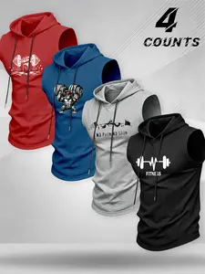 American Fitness Dumbbell Print Hooded Sleeveless Tank Top, Quick-Dry Breathable Weight Training Shirt, Men's Gym Workout Top