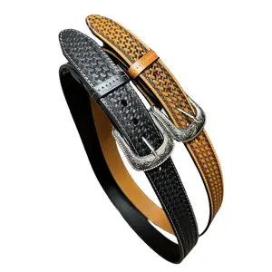 Belt EZ Western Genuine Leather Stitched Made in Mexico Weave Tooled Silver Engraved Buckle