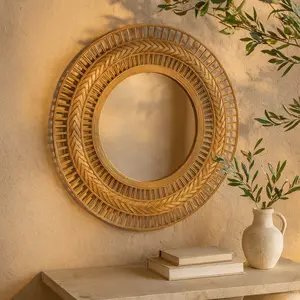 Brown Rattan Handmade Open Frame Woven Room Wall Mirror