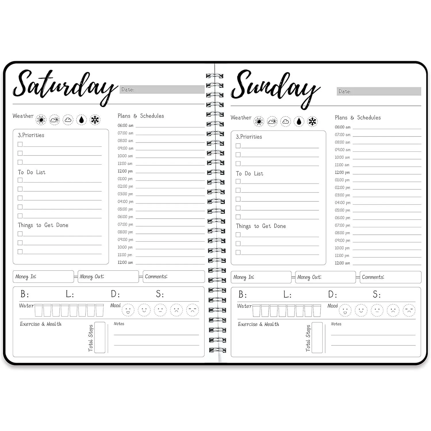 Work Planner - Daily & Weekly Spiral Planner with Hourly Schedules, , Tasks, Expense , Undated 7 Days Planner Start Anytime, Self-Care Calendar for Organizing Meals, Water Take-in, Mood, Exercise & , Flexible PVC  Cover, 10 x 7.3 inches