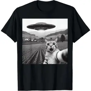 Funny Cat Selfie With Alien UFO T-Shirt, Funny Print Shirts, Sporty Tops, Novelty Sports & Outdoor Clothing Gift for Men, Women and Kids, Sporty Sports Tops