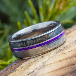 Meteorite and Dinosaur Bone Ring With Purple Pinstripe