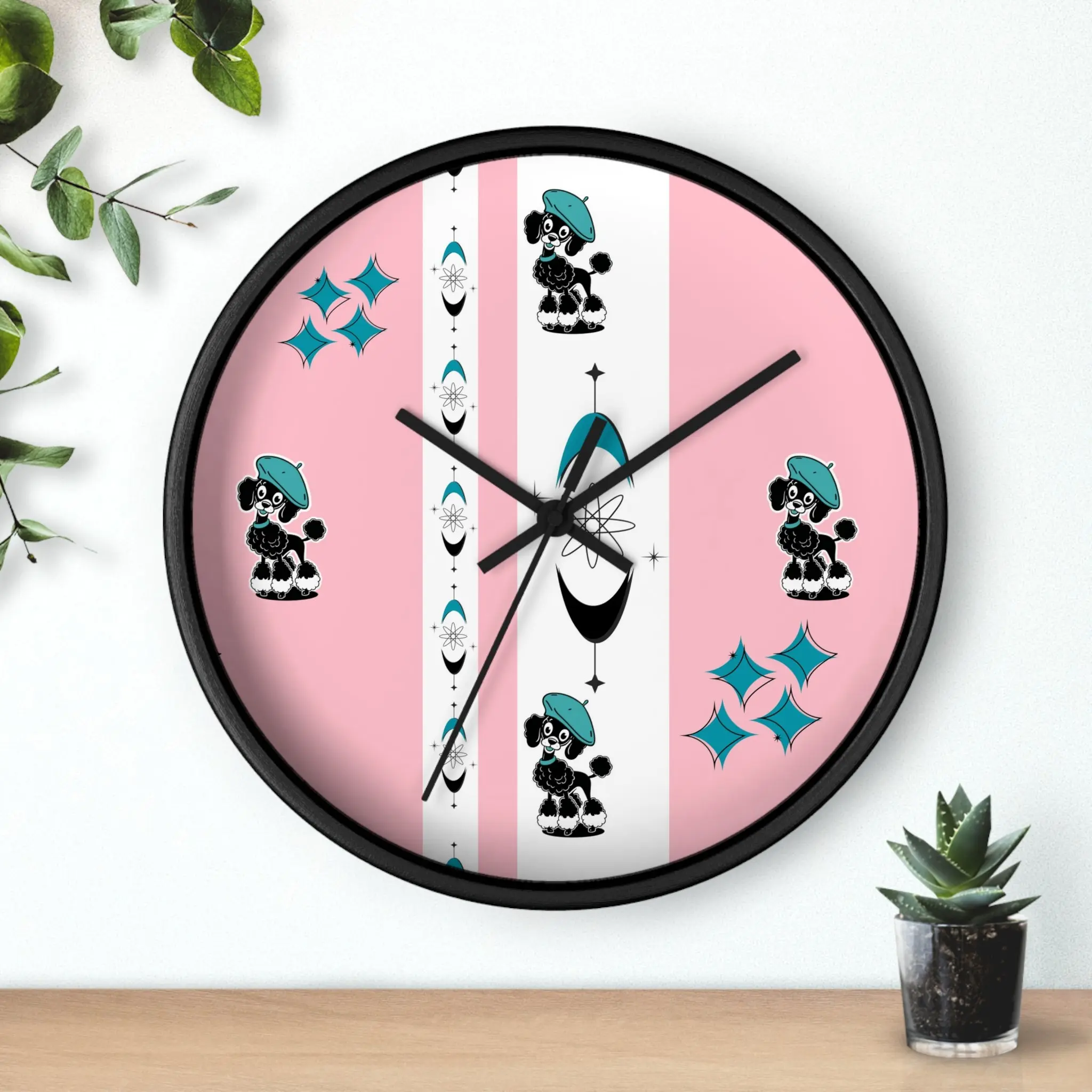 Mid Century Modern Atomic Pink Starburst Wall Clock with Cute Retro Mod Poodle Design