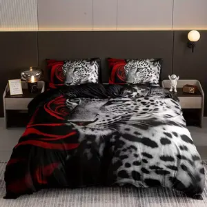 3 Piece Rose & Leopard Pattern Duvet Cover Set with Pillowcases, Decorative Duvet Cover, Soft and Comfortable Bedding for Elegant Bedroom Decor, Perfect Gift for Animal Lovers