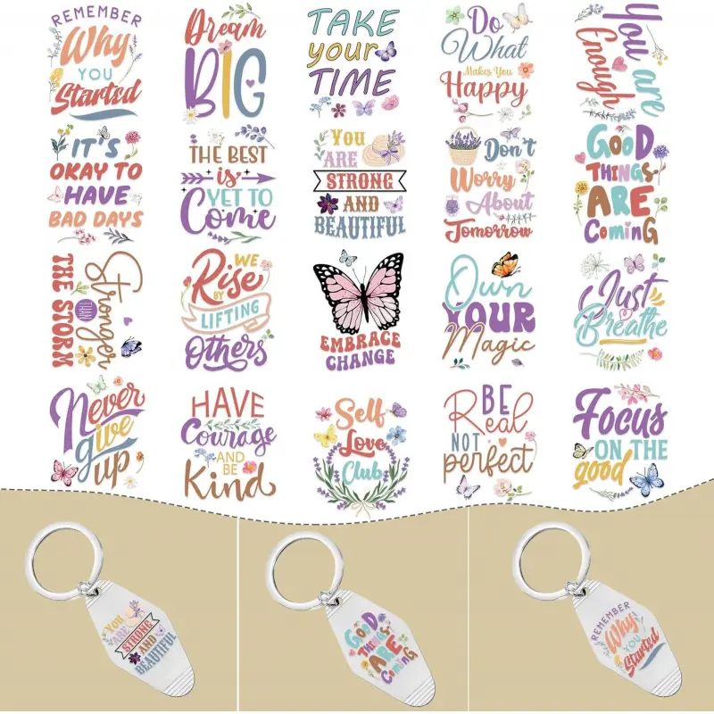 UV DTF Wrap Stickers - 8 Sheets Inspirational UVDTF Decals for Motel Keychain, Motivational Colorful Flower Butterfly Waterproof Rub on Transfer Stickers for Hotel Keychain, Floral Stickers