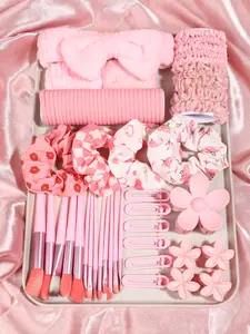 61pcs pink daily washing suit women wash face soft hair band, wristband, Hair ties, strong water absorption suitable for all kinds of hairstyles and hair type, Bowknot design