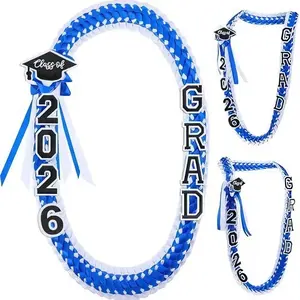 Blue Braided Ribbon Graduation Lei – Hand Woven Adjustable Lei with GRAD Letters and Cap Charm for Graduation Ceremony and Party Gifts