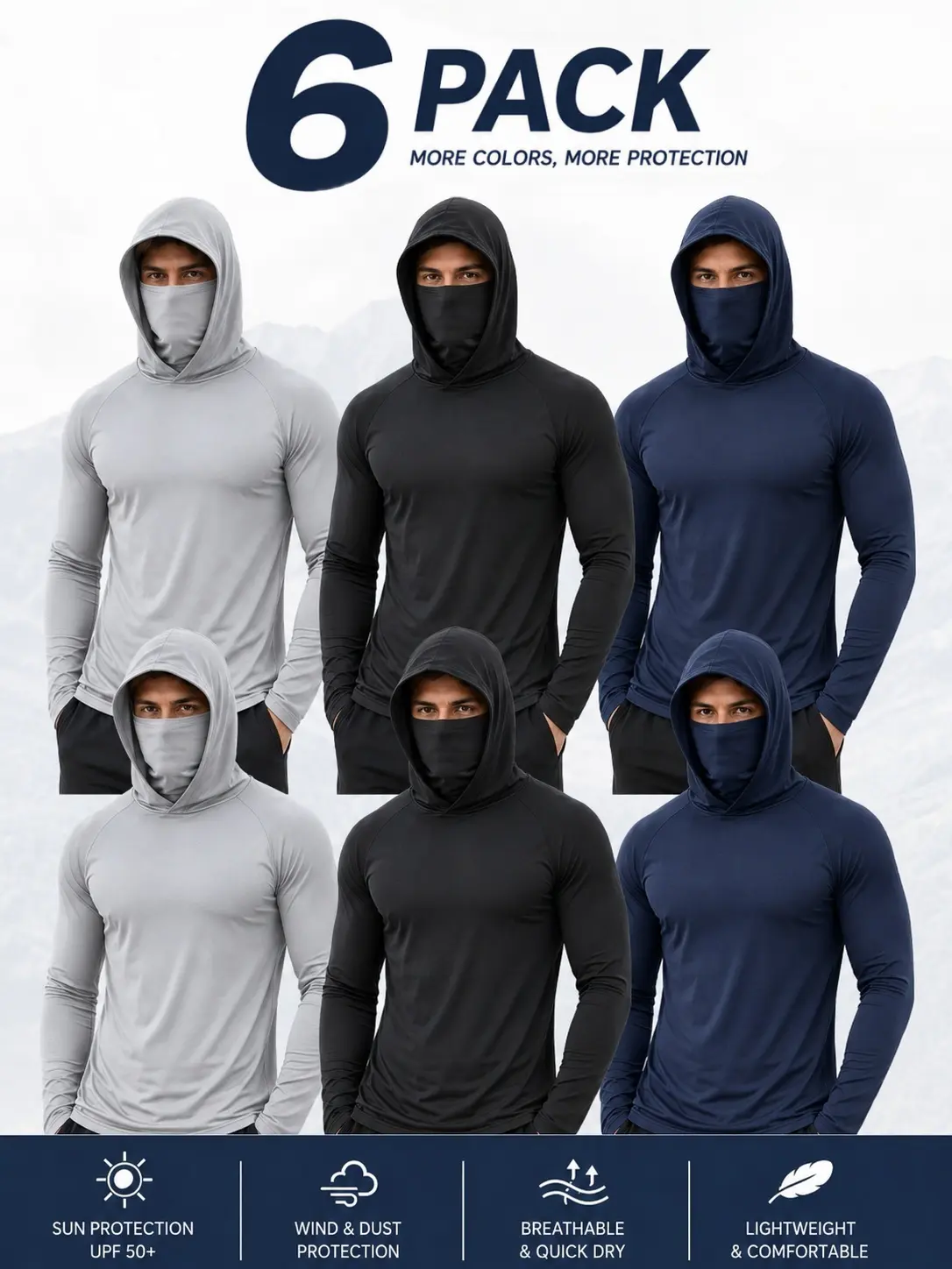 6 Pack Men's Lightweight Performance Hoodies, Quick Dry Breathable Long Sleeve Athletic Hoodies for Running, Hiking, Fishing, Workout, Training & Outdoor Sports