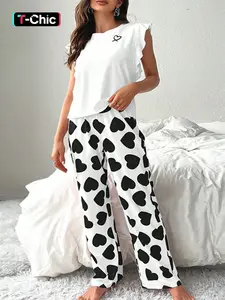 Two-Piece Set Women's Heart Print Round Neck Ruffled Sleeve Tee & Elastic Waist Pants Pajama Set, Regular Fit Casual Comfy Crew Neck Top & Trousers PJ Set, Ladies Summer Sleepwear