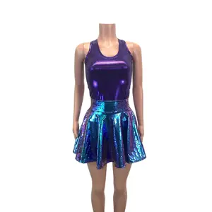 Mermaid Costume - Holographic Mermaid Scales Skater Skirt & Purple Tank Outfit