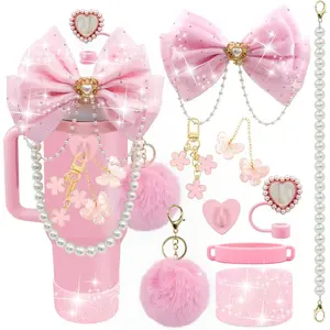 Bling Stanley Cup Accessories for 40/30/20 oz Tumbler with Handle Including Glitter Bow Straw Topper, Heart Straw Cover, Pearl Water Bottle Handle Strap, Boot, Pom-Pom, Keychain Charms(Pink)