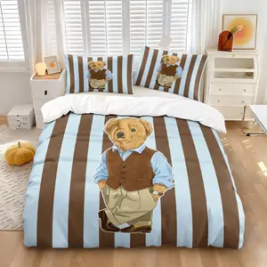 College Style Teddy Bear Color-blocked Striped Print Duvet Cover Set,1 Count Duvet Cover & 1/2 Pillowcase Without Filler,comfortable And Soft, Warm And Pill-resistant,a Trendy Bedroom Decoration And A Great Gift