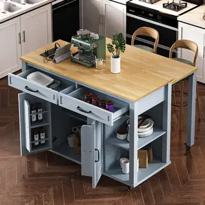 K&K 47-inch Kitchen Island with Extendable Dining Table Rubber Wood Veneer Storage Rack Power Outlet 2 Drawers 2 Cabinets Grey Blue Organizer Design