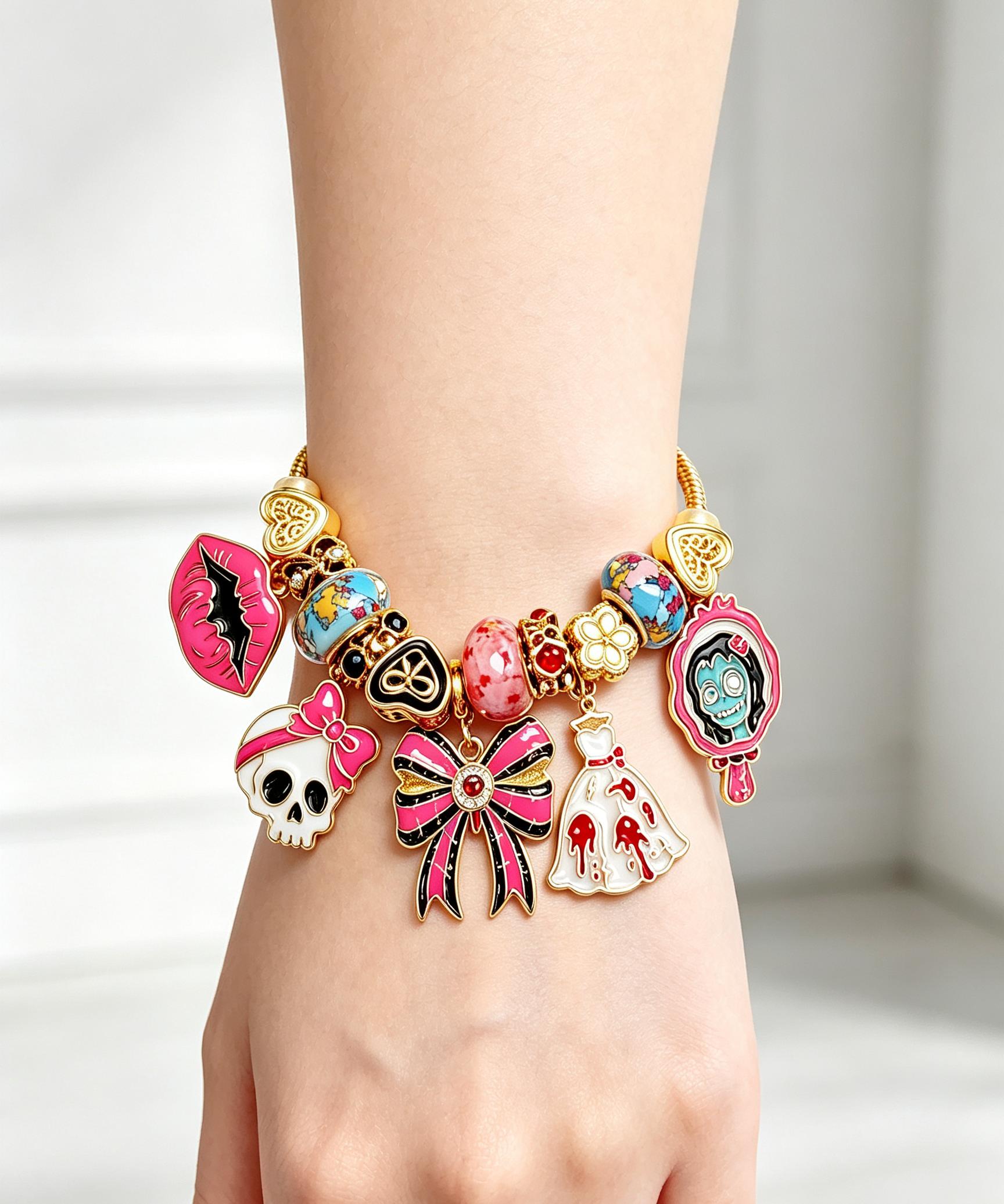 Halloween Gothic Charm Bracelet, Pink Skull Bow Dangle Bead Bracelet, Spooky Zombie Bride Enamel Charms Snake Chain Bracelet, Adjustable Jewelry Gift for Women Girls