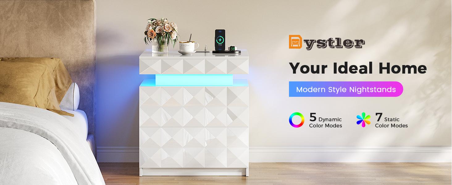 Dystler LED Nightstand Set of 2 with Charging Station,3 Drawers Night Stand with Lockable Hidden Storage,Smart Bedside Table with Human Sensor RGB Lights for Bedroom,white