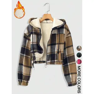 Women's Plaid Print Hooded Zipper Warm Lined Short Loose Jacket, Long Sleeve Casual Outerwear, Fall & Winter Fashion Coat, Womenswear