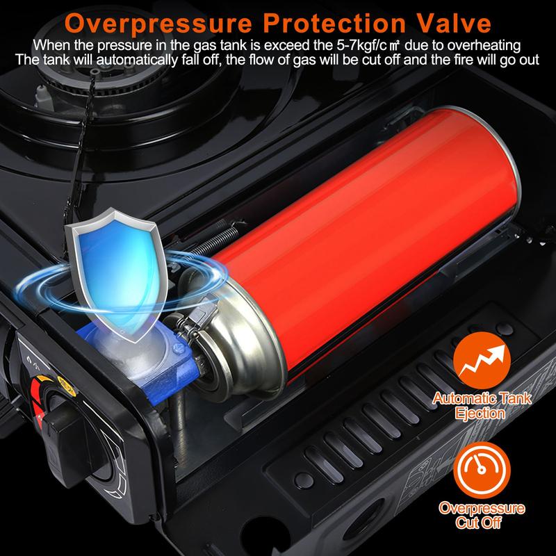 3300W Portable Camping Stove Butane Canister Dual Fuel Burner Piezo Electric Ignition Single Burner with Automatic Tank Ejection Overpressure Cut Off Carry Case for Camping Hiking Picnic Fishing BBQ