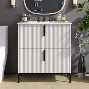 30" Bathroom Vanity with Ceramic Sink and Full-Extension Drawers, Soft Close Undermount Drawer Slides, Fluted Design, White