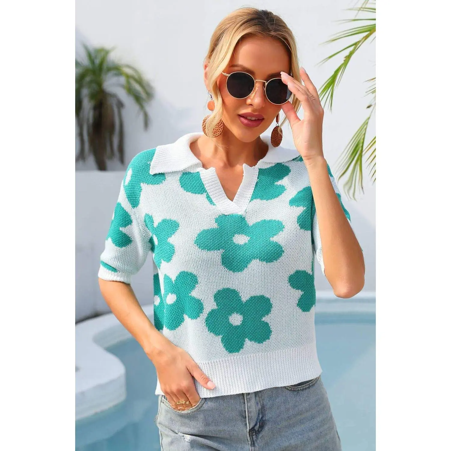 Floral Johnny Collar Half Sleeve Knit Top
