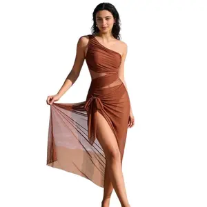 Valentine’s Day Gift for Her 2026 NEW Women’s Ruched Swim Dress One-Piece Swimsuit | Solid Color Mesh Panel Sarong Skirt | Tummy Control High Stretch Bathing Suit for Beach Vacation Pool Party