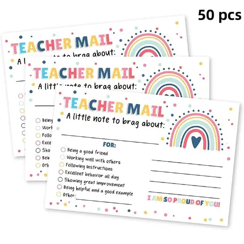 Rainbow Pattern Teacher Mail Cards, 50pcs/pack Teacher Encouragement Cards, Positive Behavior Encouragement Note for Students, School Classroom Reward Cards, Positive Message Card