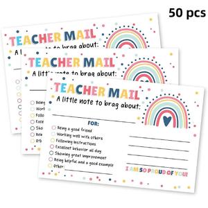 rainbow pattern teachers appreciation mail card, 50pcs/pack teacher encouragement card, positive behavior encouragement note for students, school classroom reward card, fun party cards