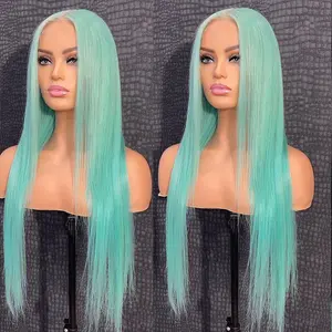 Mint Green Lace Front Synthetic Wig Long Straight Middle Part Pre Plucked Natural Hairline Heat Resistant Fiber Colored Wig For Women Cosplay Festival Party Daily Fashion Wear