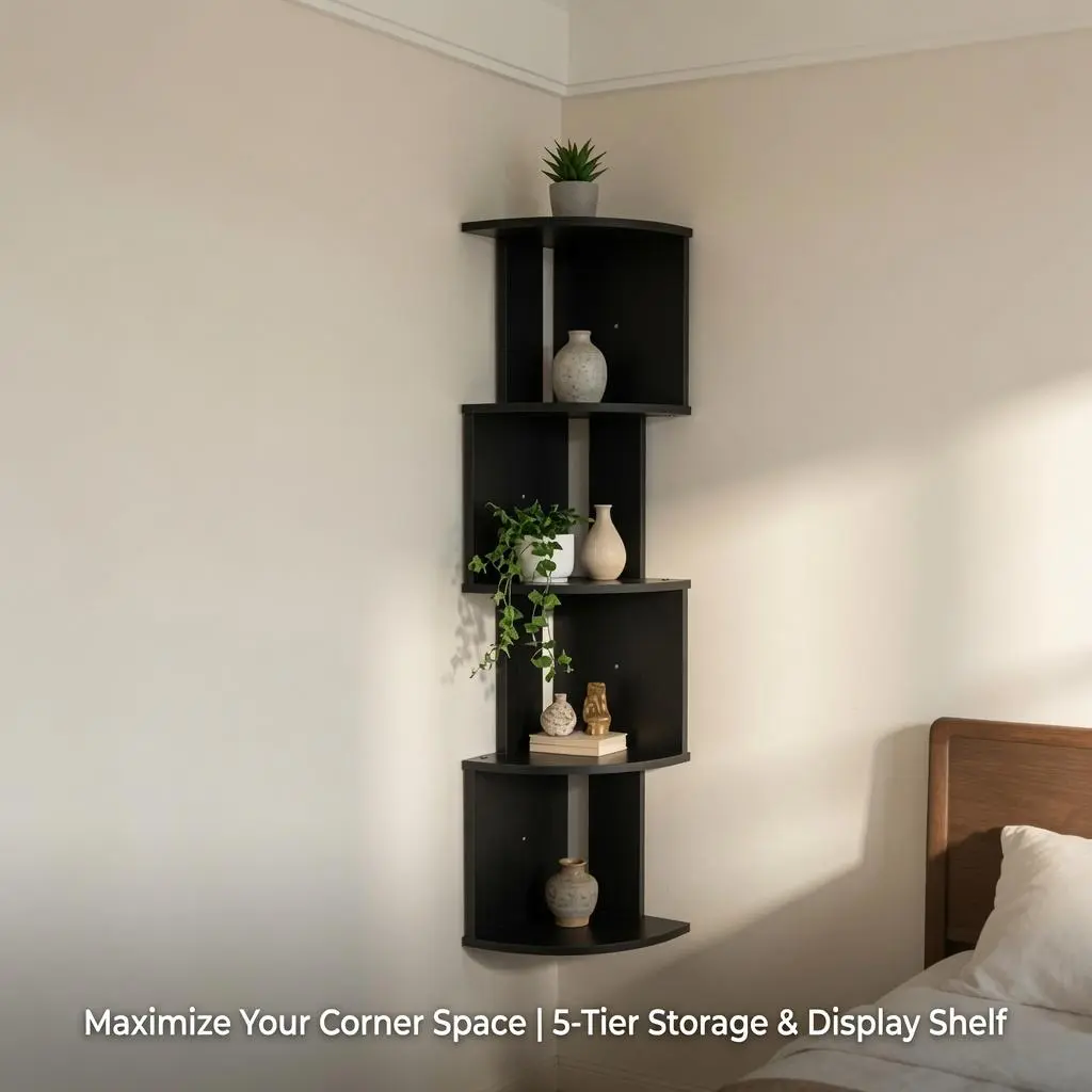 5-Tier 7-Tier Corner Shelf, Zigzag Wall Corner Book Shelf, Multi-Tier Freestanding Storage Organizer Display Rack, Wooden Corner Bookshelf for Home Bedroom Living Room Office Decor, Quick Install