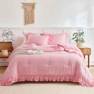 Ruffled Comforter Set  Size, 3 count (1 Ruffled Comforter and 2 Pillowcases) Farmhouse Shabby Chic Style with 2 Layers Ruffle, Solid Color Lightweight Soft Fluffy Bedding Sets for Girls