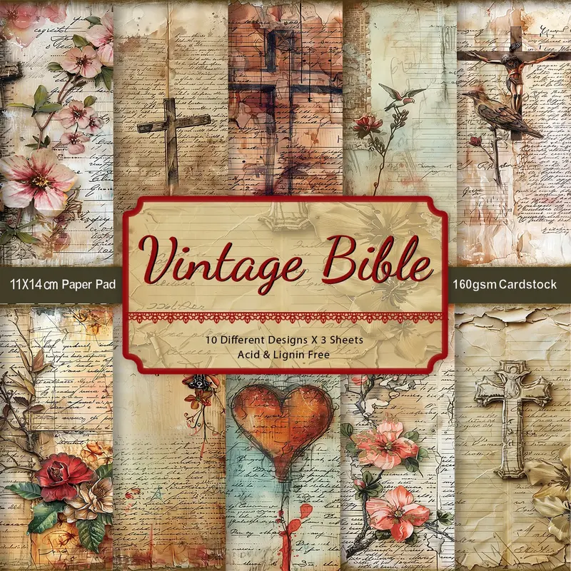 30pcs Vintage Bible Verse Scrapbook Paper, Unique Floral & Cross Patterns Art Collage Craft Paper for Christian Journaling, Planners, Card Making, Origami & Crafting, Scrapbooking Supplies, Diy Craft Paper