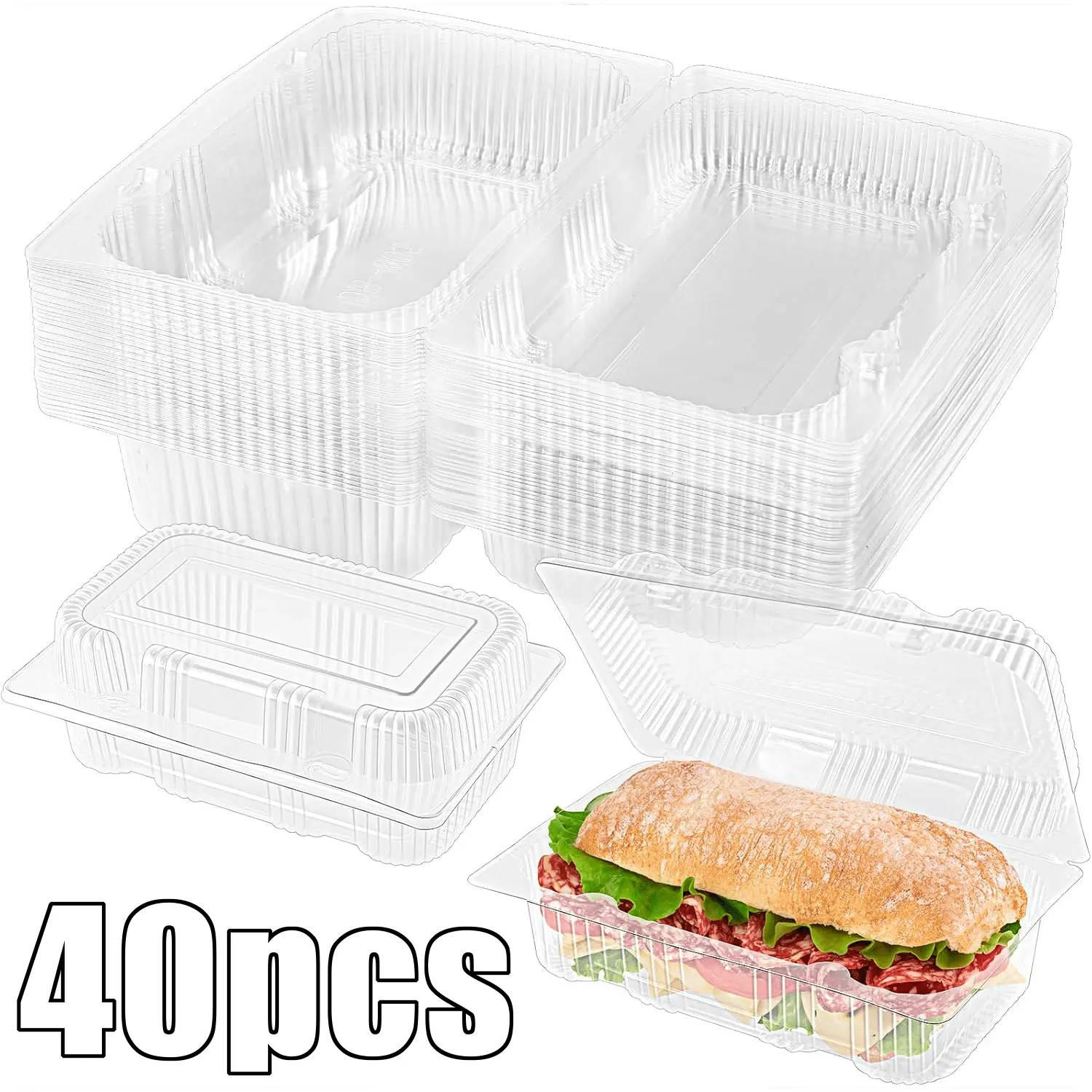  Pack Of 40 Clear Hinged Plastic Clamshell Containers - Large Disposable Food Storage Containers for Salads, Desserts, Bakery Items, Deli Foods & Takeout Meals