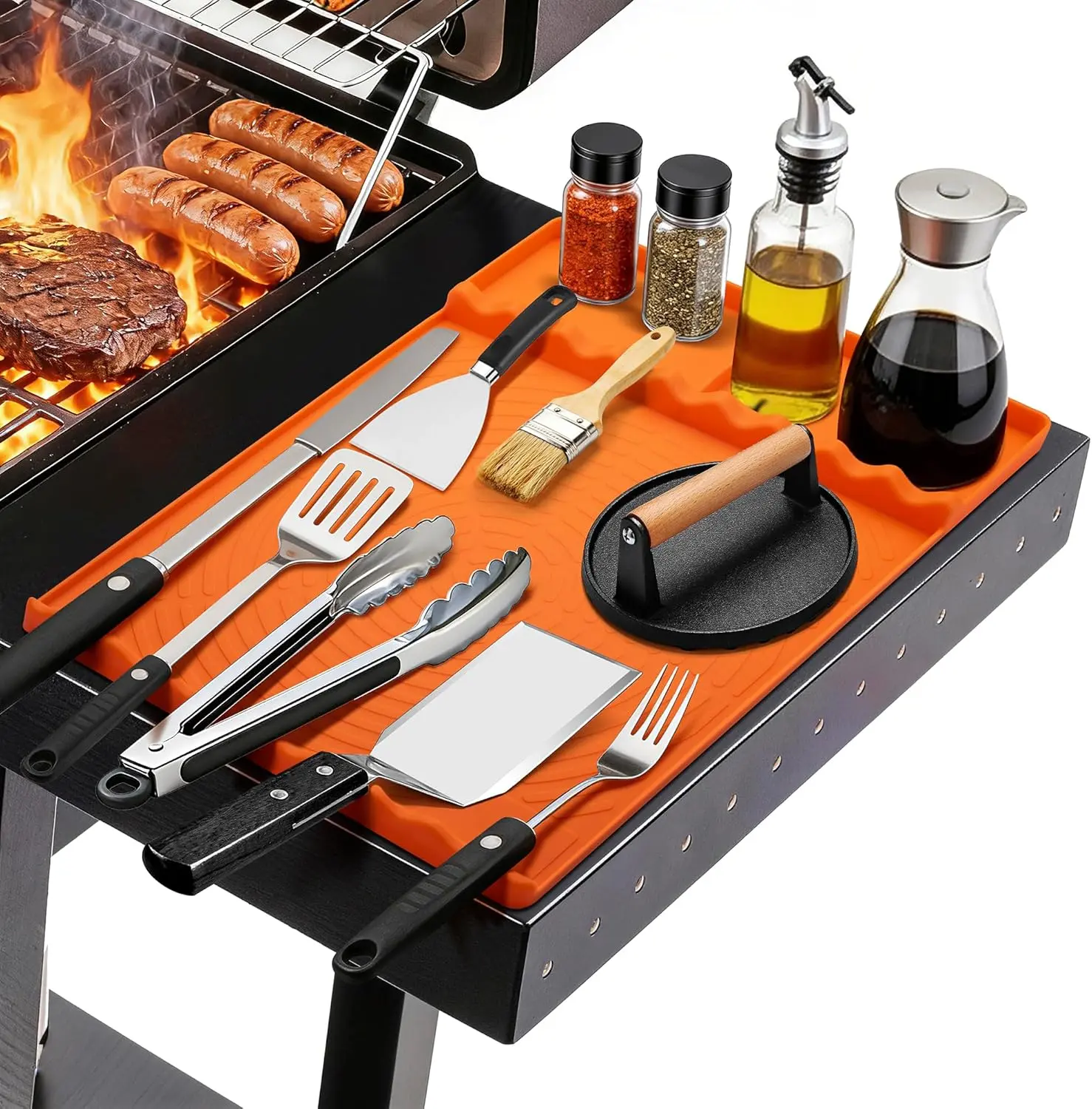 Silicone Grill Mat for Blackstone Griddle Accessories (Orange) Griddle Tools Side Mat with Drip Pad, Protects Countertops for BBQ Griddles, Heat Resistant Grill Accessories, Gift for men