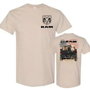 RAM Truck T-Shirt – RAM Logo with Dogs in Truck Bed and American Flag, Perfect for Truck Lovers and Dog Owners, Unisex T-Shirt for Men and Women
