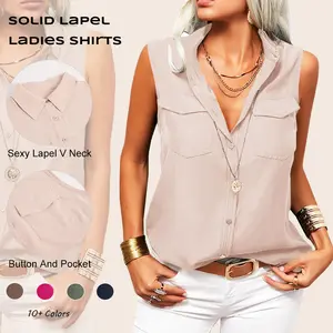 Imily Bela Women's Solid Lapel Sleeveless Tank Tops Summer Button Down Shirts Office Ladies Shirt