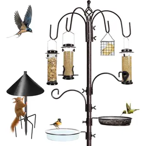 6-Hook Bird Feeding Station Kit Wild Bird Feeder Stand Pole, Multi-Feeder Hanging Kit Stand with Water Bowl, Mesh Tray and Squirrel Guard Baffle, 94 Inch