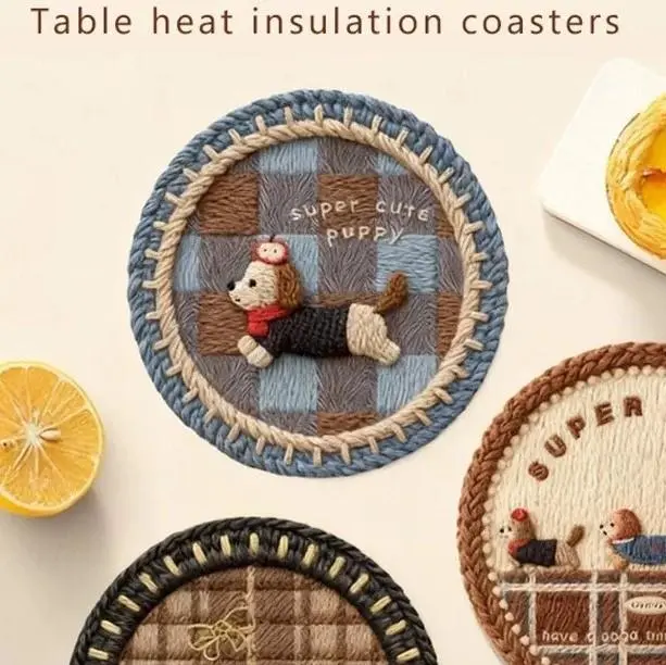 4pcs Round Ceramic Coffee & Tea Coaster Set - Retro Teapot/Cup Printed, Non-slip, Heat-resistant Indoor Drink Mats, Kitchen Tableware for Coffee Lovers, Cozy Home Aesthetic
