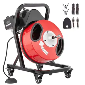 Drain Cleaner Machine With 50 Feet Of 1/2 Inch Flexible Manual Feed Snake Auger On Wheels For Portable Household And Commercial Drain Clearing, Suitable For Kitchen Sink And Bathroom Drains