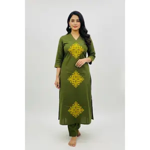 Designer Dhabu Cotton A-Line Kurti with Mirror Work & Palazzo Pants