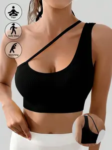 Women’s sports bra/tank top, black, thin shoulder straps, one-shoulder design, seamless, invisible, comfortable and breathable, removable pads, suitable for Pilates