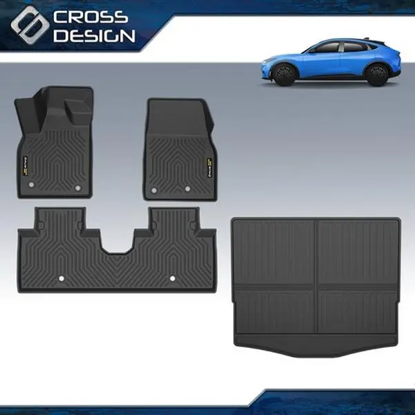 CROSSDESIGN Custom-Fit Car Floor Mats & Cargo Liner, TPE All-Weather, Waterproof, Easy-to-Clean Car Interior Accessory for 2021-2024 Ford Mustang Mach E