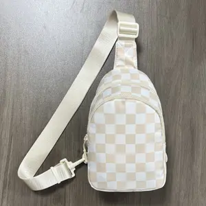 GAINSNS Checkered Checkerboard Plaid Travel Sling Bag for Women Small Crossbody Chest Bag with Adjustable Shoulder Strap Fashion Double layered Fanny Packs Backpack for Men Workout Travelling Hiking Daypack Unisex