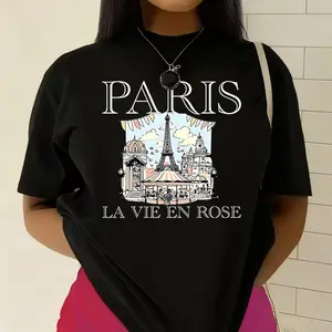 Paris Landmark and Eiffel Tower Design Graphic Shirt with La Vie En Rose Text for Fashionistas