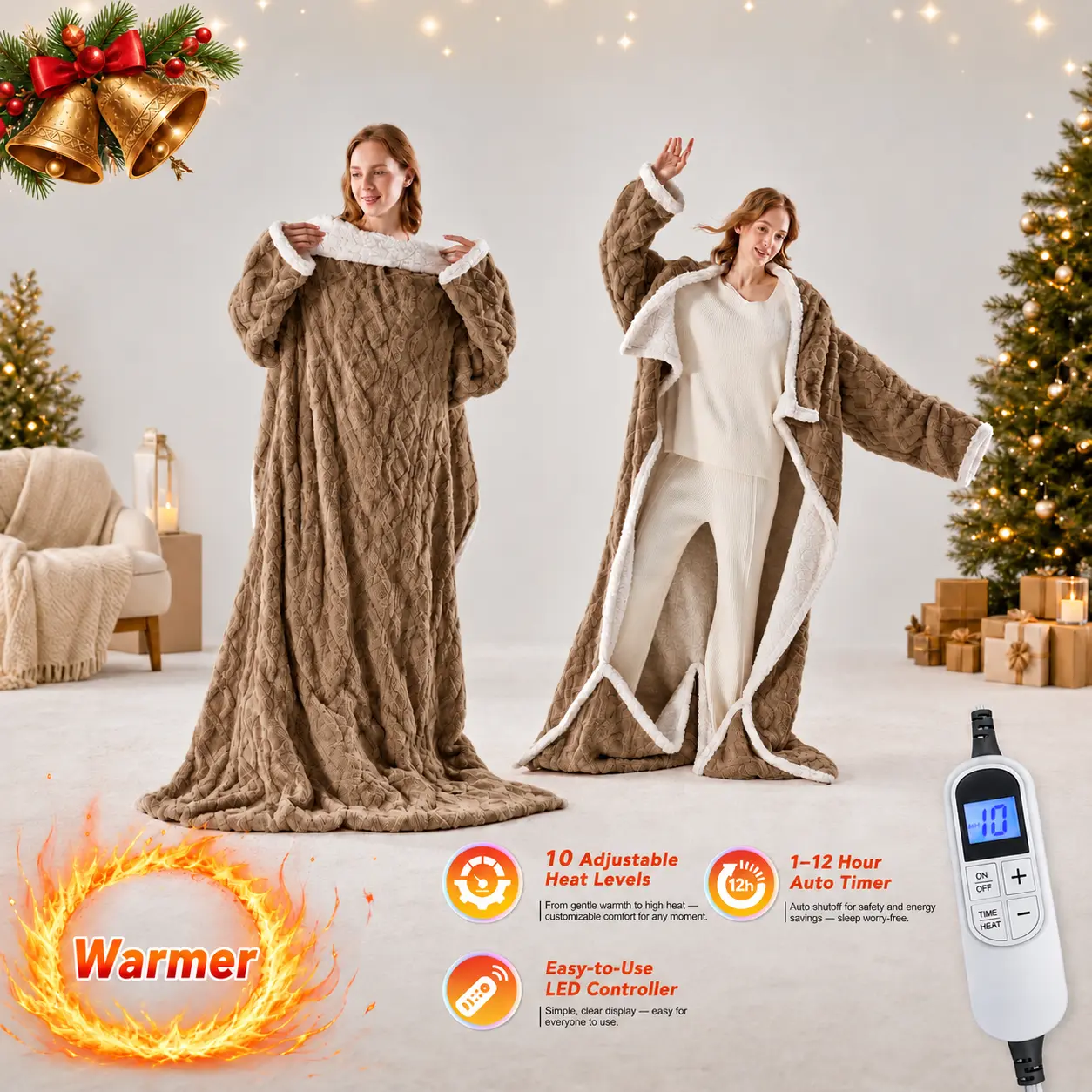 Cosybay Wearable Electric Heated Robe Blanket with Sleeves, Foot Pockets, Plush Sherpa Fleece, 10 Heat Levels, 1-12H Auto Timer, Memory Function, Washable, Feel Cosy, Soft and Warm