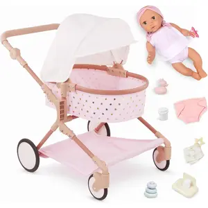 – Doll  Twin Stroller Accessories Set – Foldable Canopy  Storage Basket – Pink  Golden Stars Design – Pretend Play – Toys for Kids Ages 2 Years Old  Up – Doll Double Stroller Set