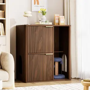 Aobtkel ® 31.5-inch Walnut Cat Litter Cabinet with Cat Tree - Grooved Concealed Litter Furniture Featuring Dual Cat Doors and Storage Shelves, Versatile Pet Cabinet for Living Rooms or Bedrooms#Summervibes
