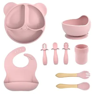 【Mothers Day gift】Bear Design Silicone Feeding Set (9PCS), Baby Plate & Snail Bowl & Bib & Training Spoons (3PCS) & Fork Spoon Set & Curvy Straw Cup, Baby Dinnerware Set