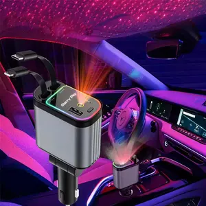 Car Charger with Starlight, 66w USB C Car Charger Adapter, 4-In-1 Extensible Car Charger, 2 USB Ports, Fast Charging for iPhone & Android, Fast Charging Supported, Universal Car Adapter