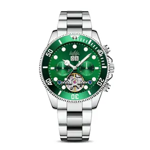 LUSHIKA Business Men's Fully Automatic Mechanical Casual Watch, Green Open Dial, Stainless Steel Silver Strap, Light Luxury Waterproof Luminous fashion Wristwatch with Calendar Display
