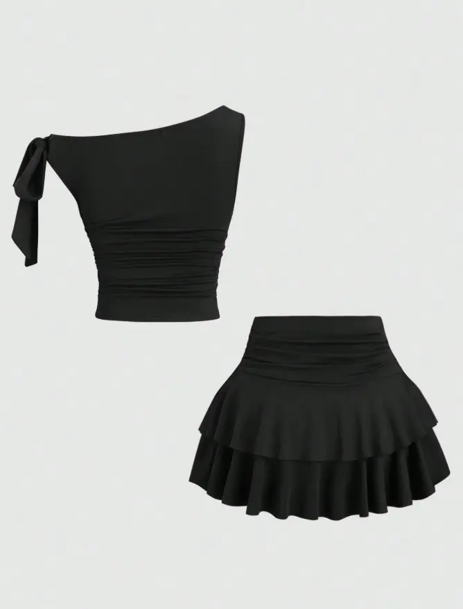 Women’s Metallic Flower Tank Top & Pleated Mini Skirt Set, Spaghetti Strap Summer Outfit