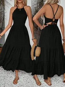 Breezaya Women Texture Summer Dress With Solid Color, Back Strap, And Frill Hem, Perfect For Vacation Outfits Maxi Vacation Beach Outfit